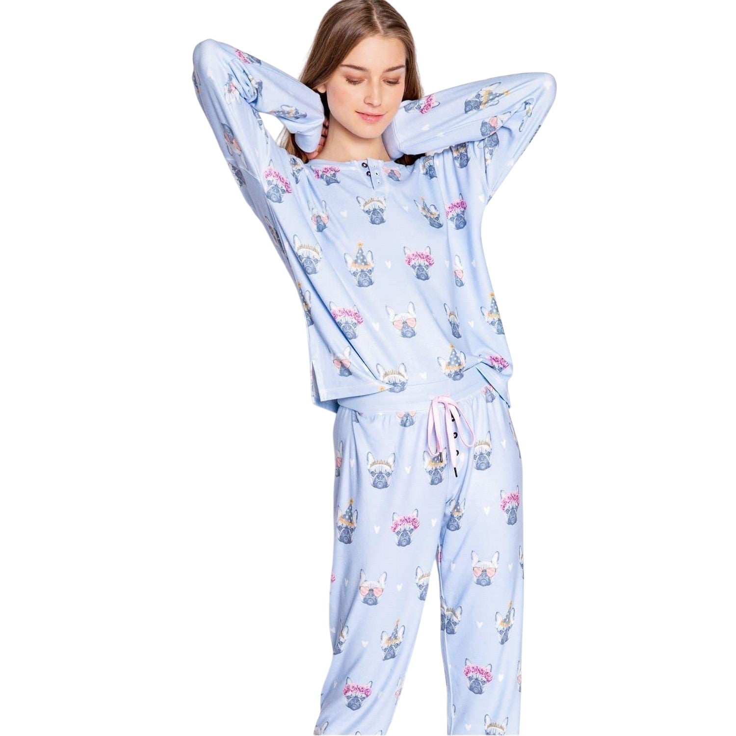 Light Blue - Side - PJ Salvage Womens-Ladies French Bulldog Pyjama Set