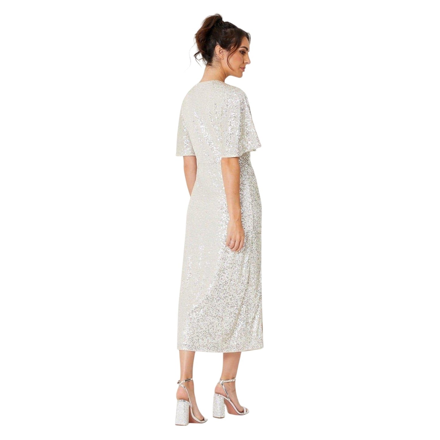 Silver - Back - Be You Womens-Ladies Sequin V Neck Midi Dress
