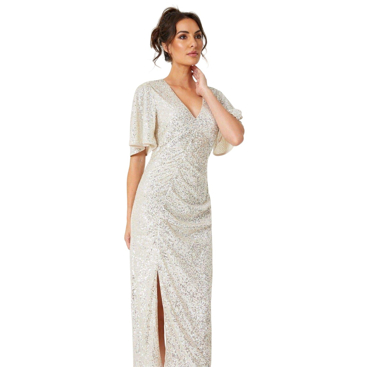Silver - Side - Be You Womens-Ladies Sequin V Neck Midi Dress