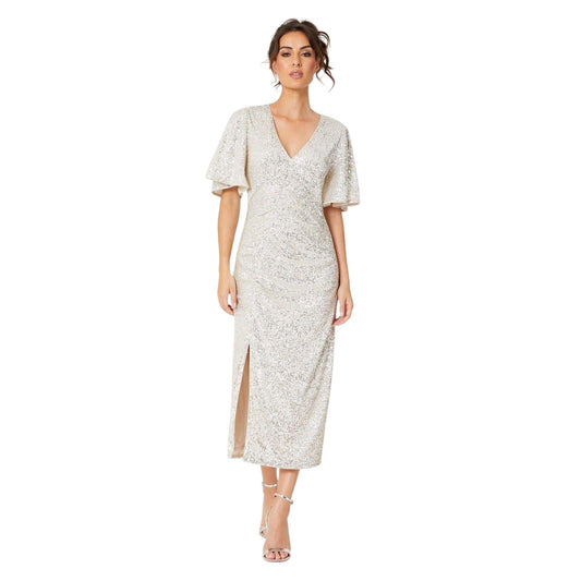 Silver - Front - Be You Womens-Ladies Sequin V Neck Midi Dress