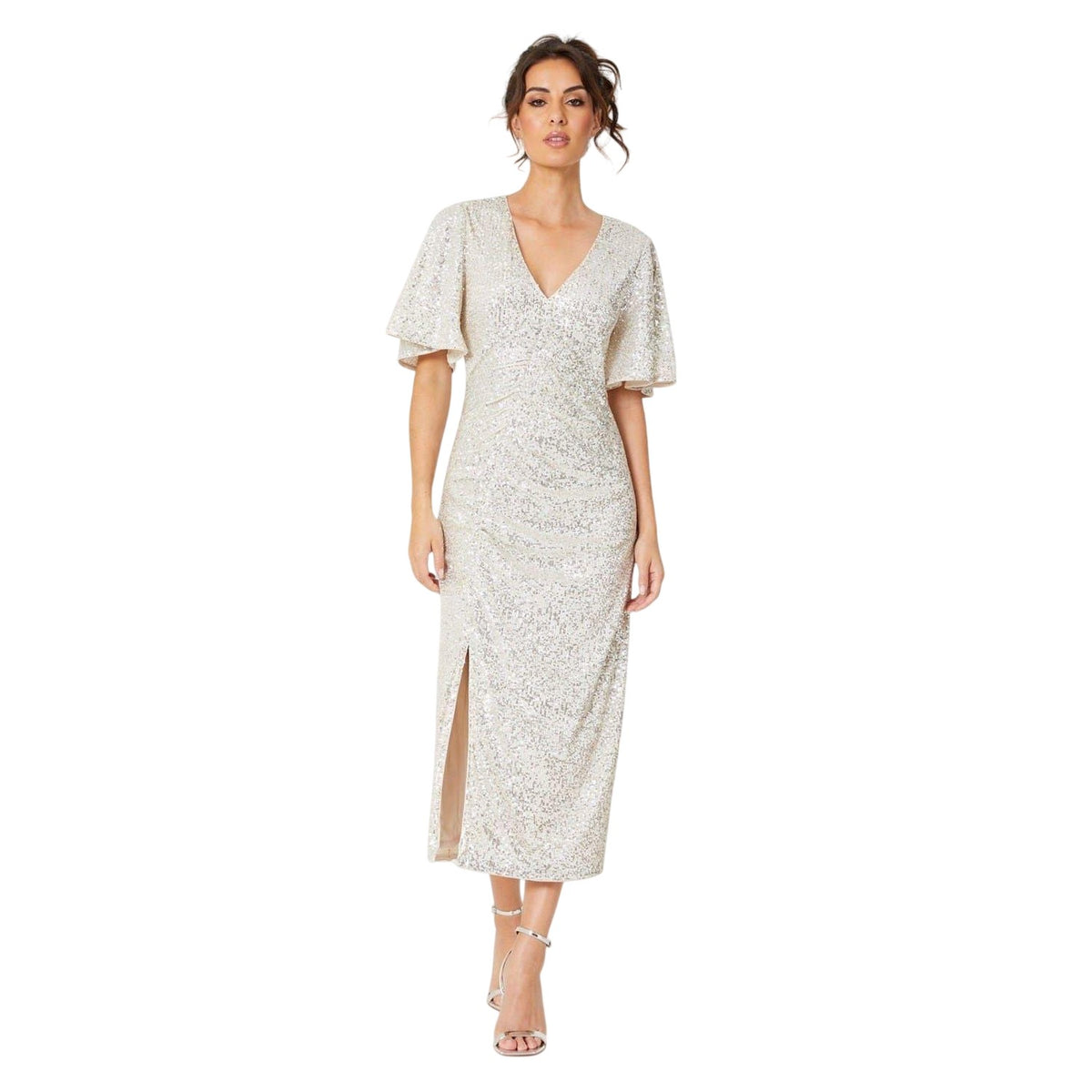 Silver - Front - Be You Womens-Ladies Sequin V Neck Midi Dress