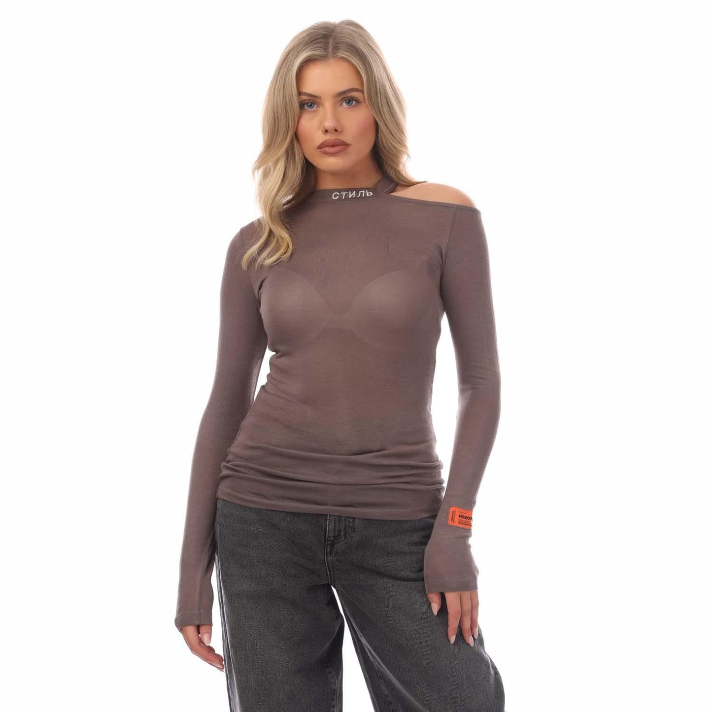 Grey-White - Front - Heron Preston Womens-Ladies CTNMB Crew Neck Cold Shoulder Sweatshirt