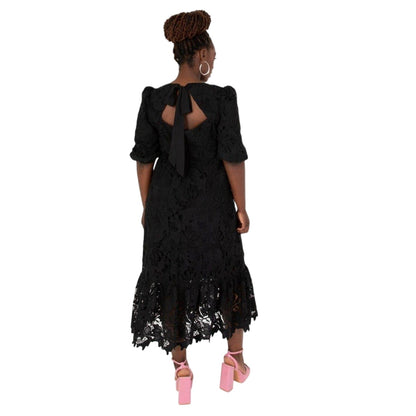 Black - Back - Maya Deluxe Womens-Ladies 3-4 Sleeve Midi Dress