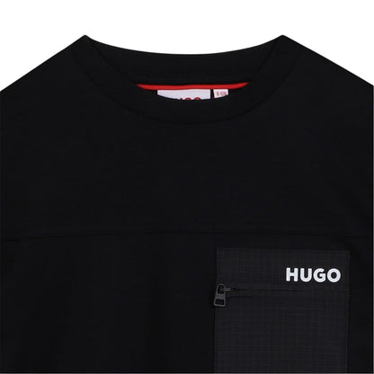 Black - Side - Hugo Childrens-Kids Logo Zip Pocket T-Shirt