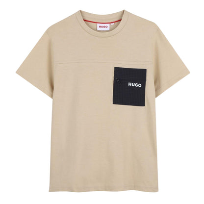 Stone - Front - Hugo Childrens-Kids Logo Zip Pocket T-Shirt