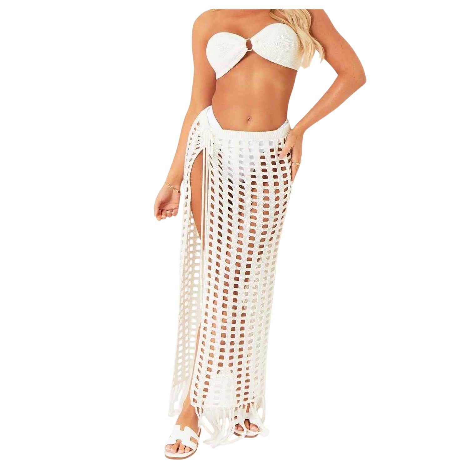 Cream - Back - Missy Empire Womens-Ladies Crochet Side Slit Maxi Skirt