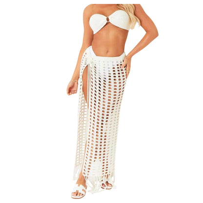 Cream - Back - Missy Empire Womens-Ladies Crochet Side Slit Maxi Skirt