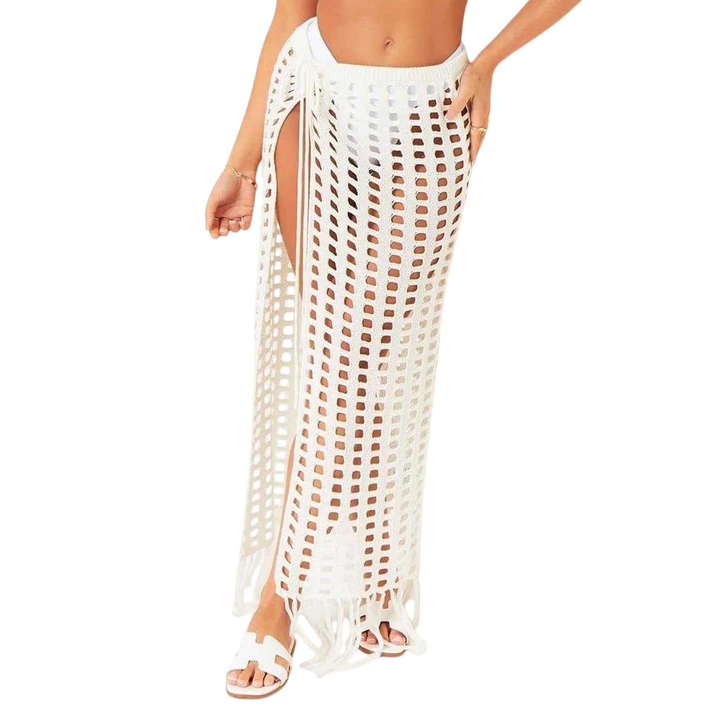 Cream - Front - Missy Empire Womens-Ladies Crochet Side Slit Maxi Skirt