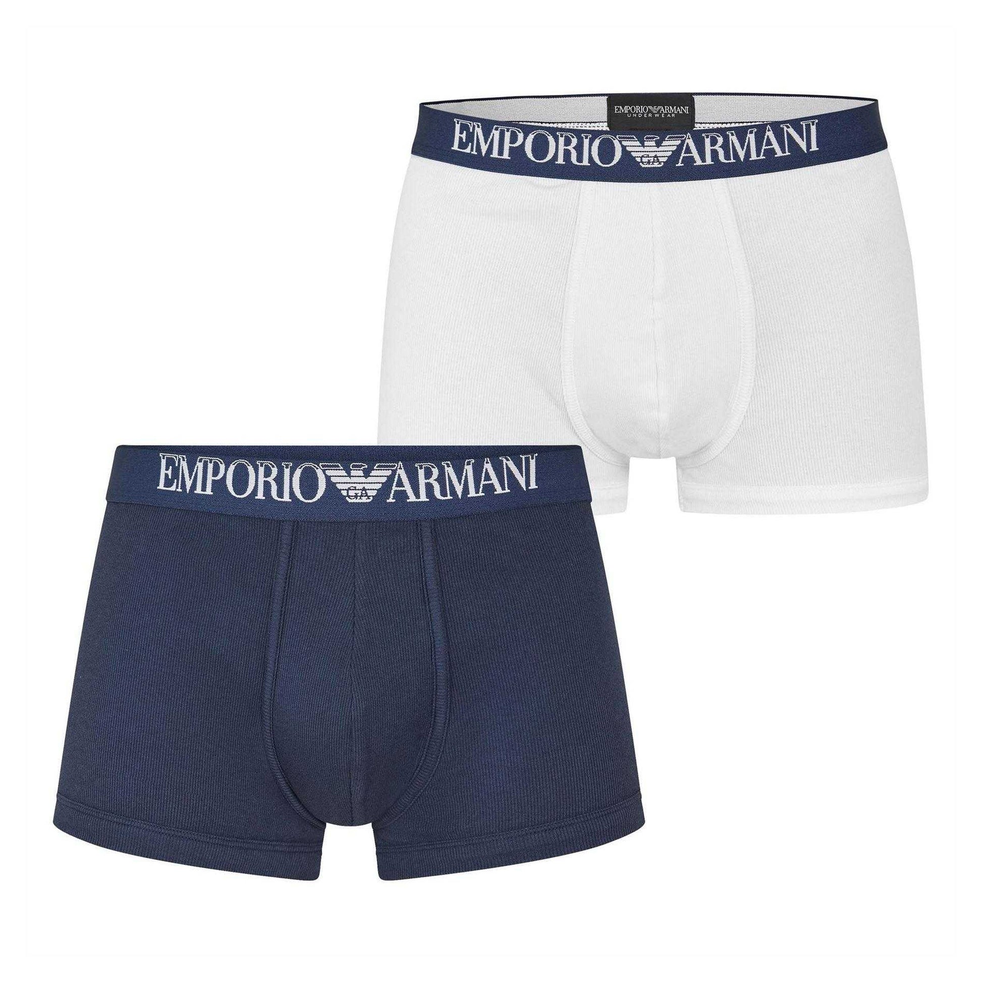 Navy-White - Front - Emporio Armani Mens Cotton Boxer Briefs