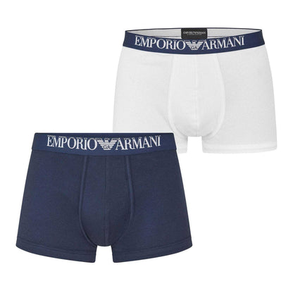 Navy-White - Front - Emporio Armani Mens Cotton Boxer Briefs