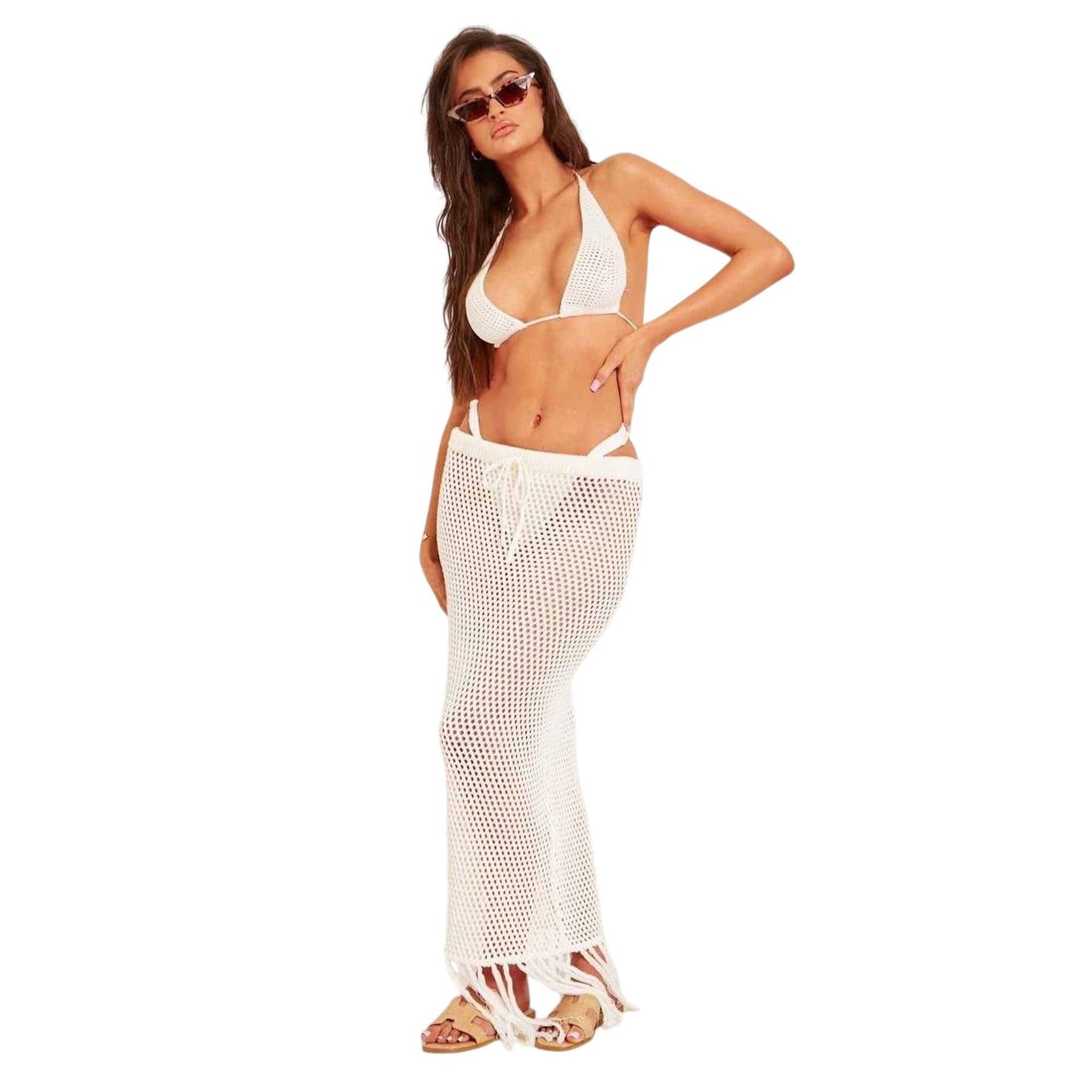 White - Back - Missy Empire Womens-Ladies Tassel Knitted Maxi Skirt