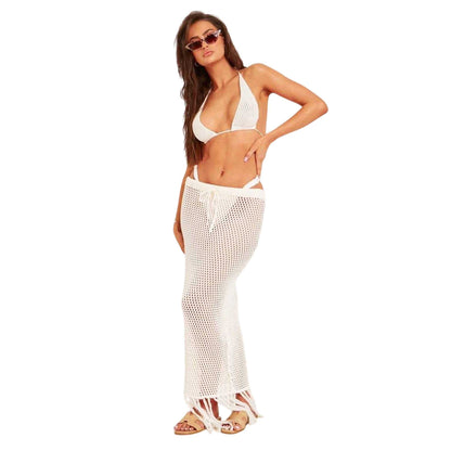 White - Back - Missy Empire Womens-Ladies Tassel Knitted Maxi Skirt