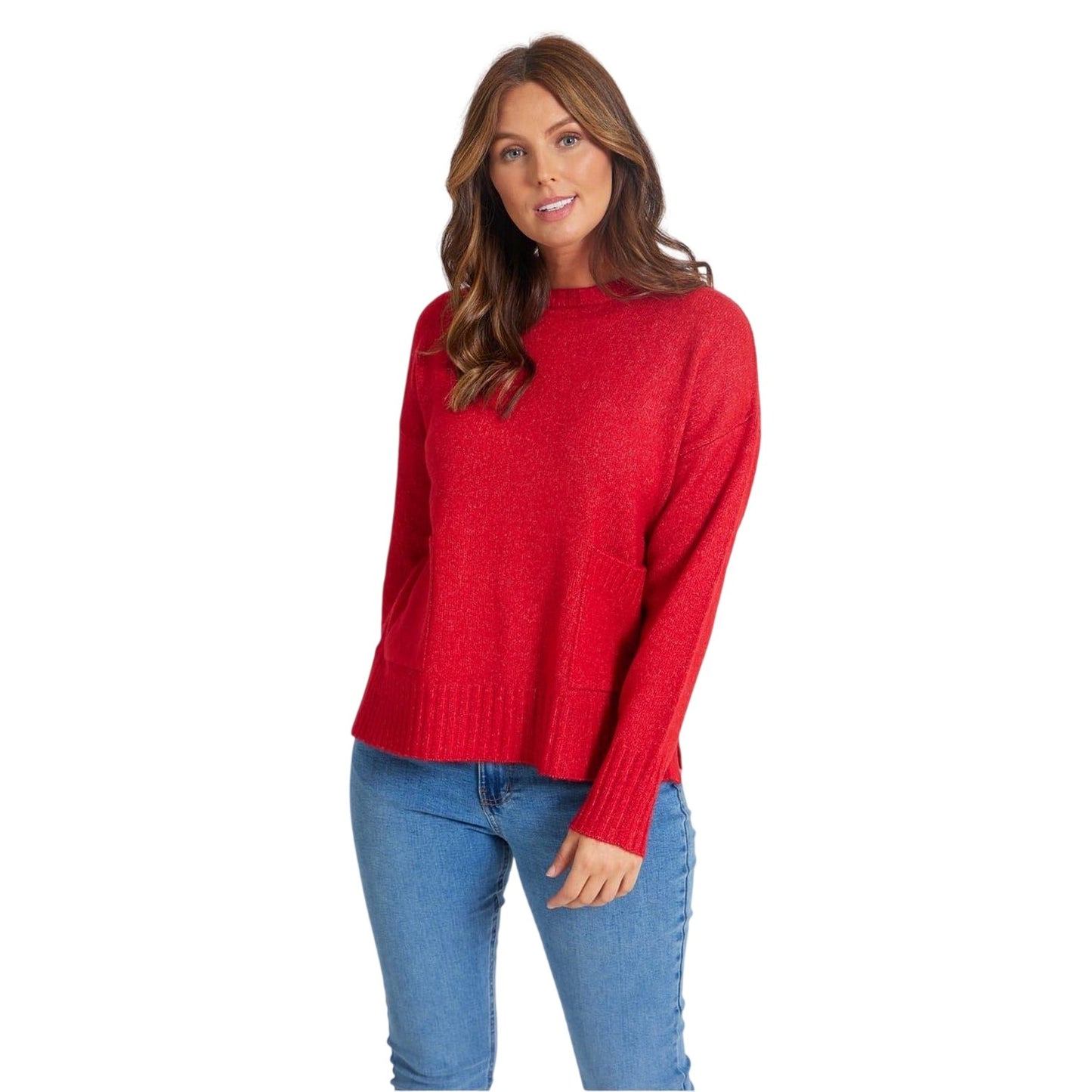 Red - Front - Be You Womens-Ladies Pocket Crew Neck Sweater Top