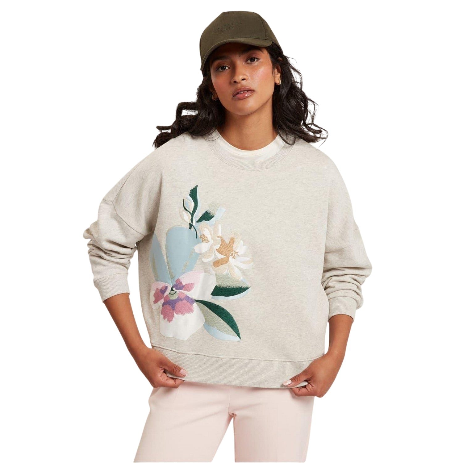 Grey Marl - Front - Ted Baker Womens-Ladies Brookla Floral Embroidery Cotton Blend Sweatshirt