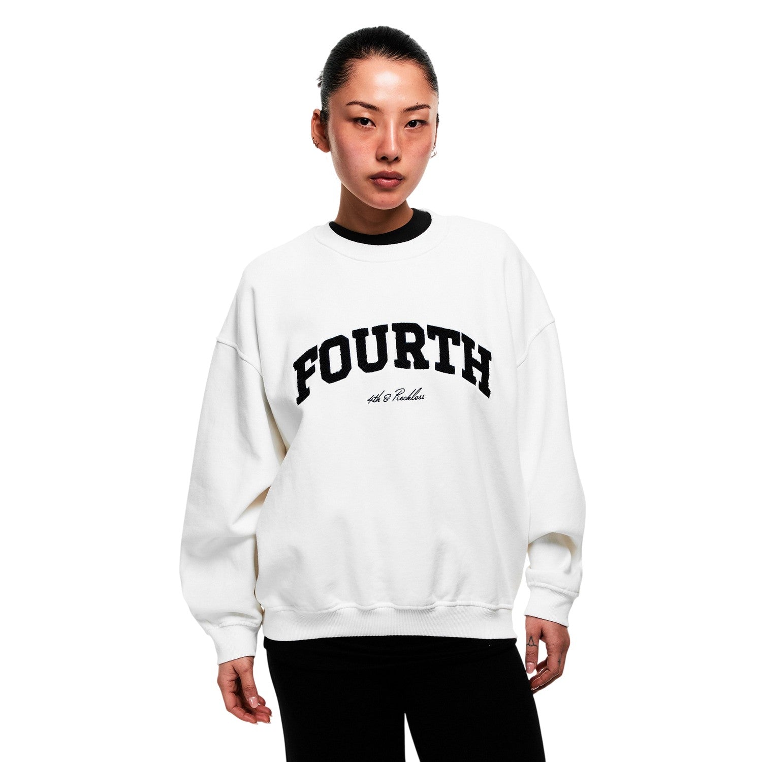White - Side - 4th & Reckless Womens-Ladies Leon Logo Crew Neck Sweatshirt