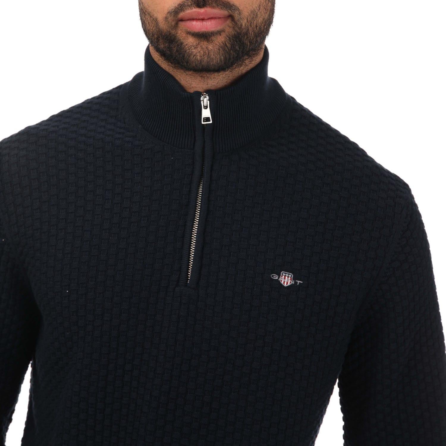 Blue - Side - Gant Mens Textured Cotton Half Zip Jumper