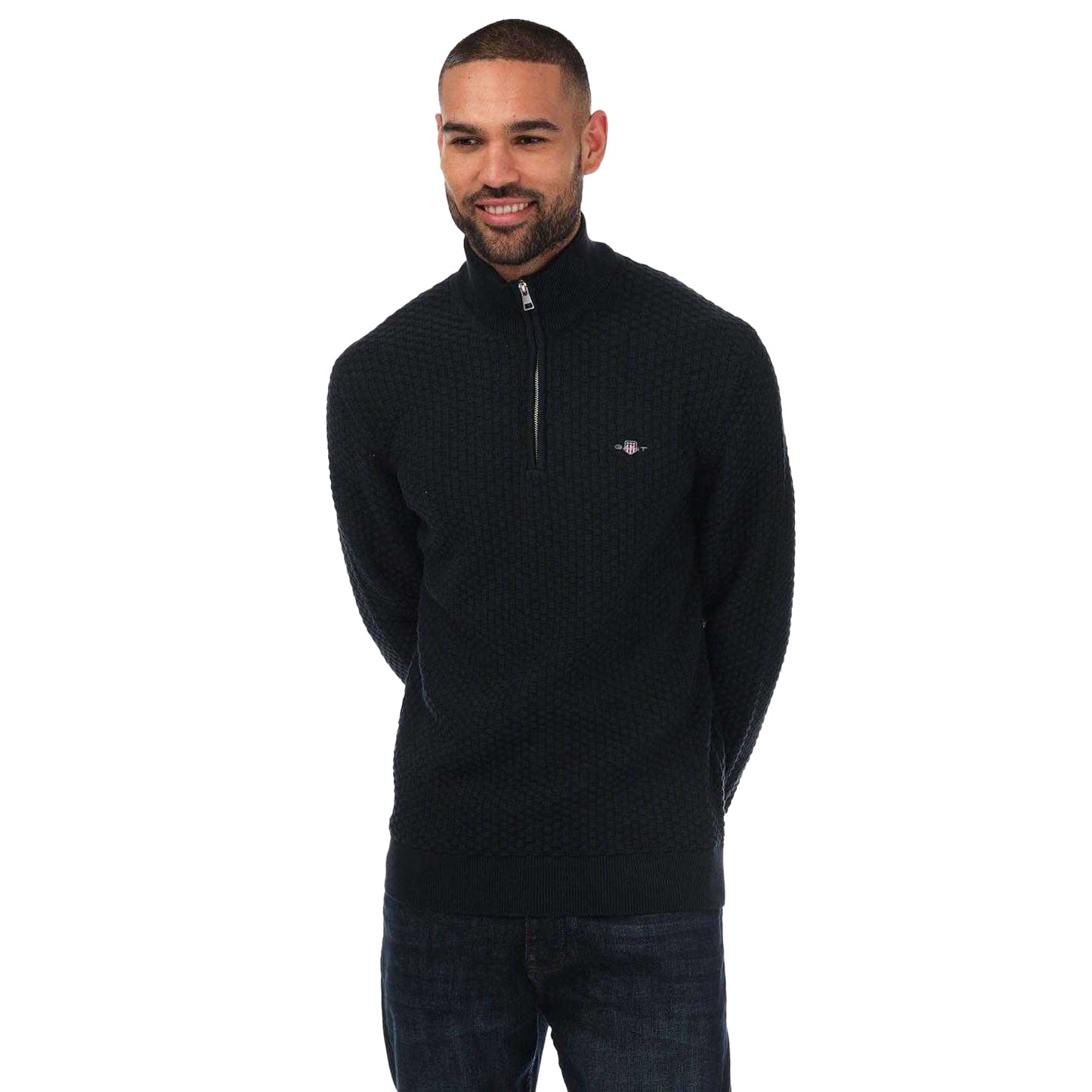 Blue - Front - Gant Mens Textured Cotton Half Zip Jumper