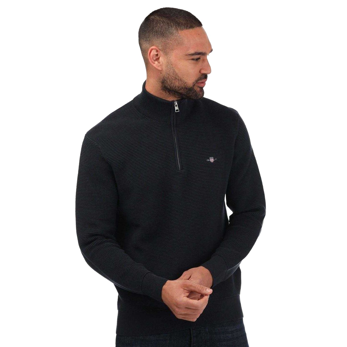 Blue - Lifestyle - Gant Mens Textured Cotton Half Zip Jumper