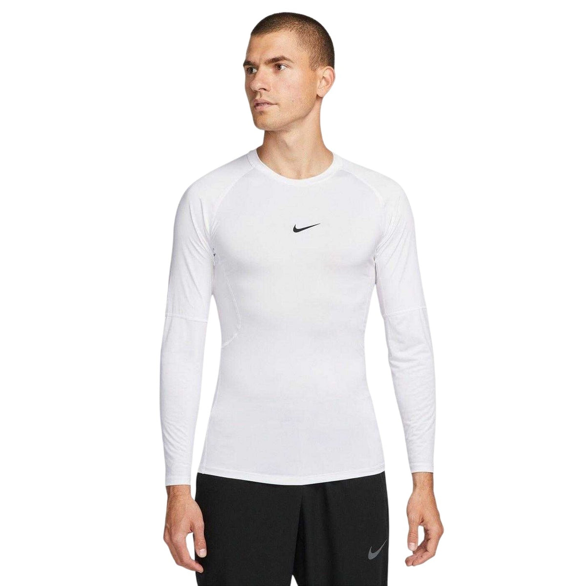 White-Black - Front - Nike Mens Dri-FIT Fitted Long-Sleeved Fitness Base Layer Top