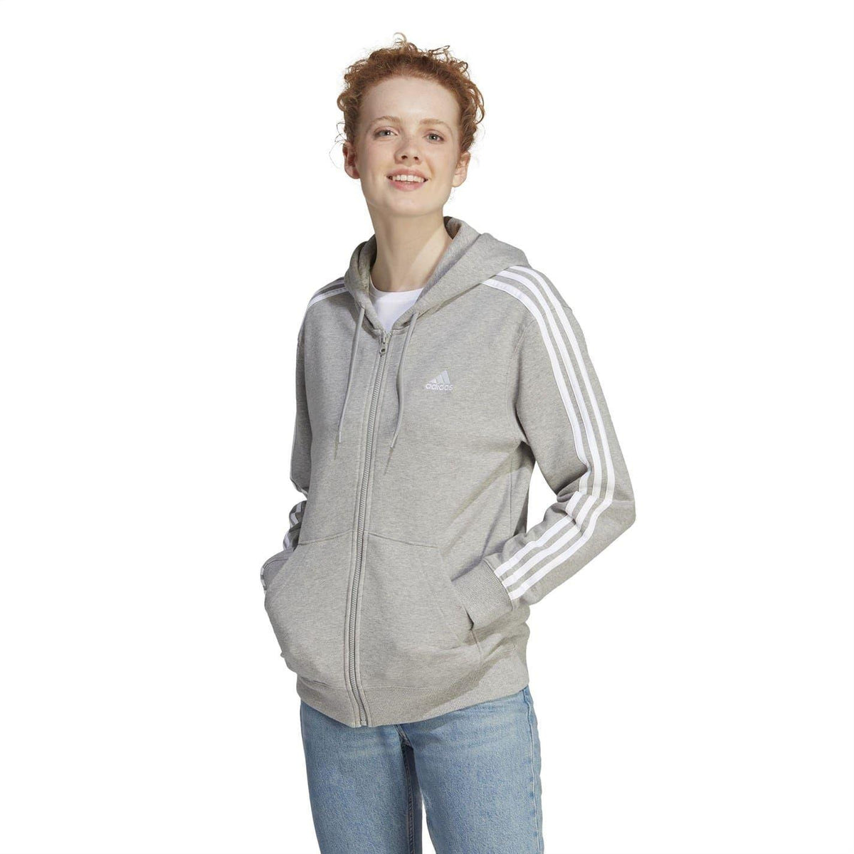 Medium Grey-White - Side - Adidas Womens-Ladies 3 Stripes Fleece Full Zip Hoodie