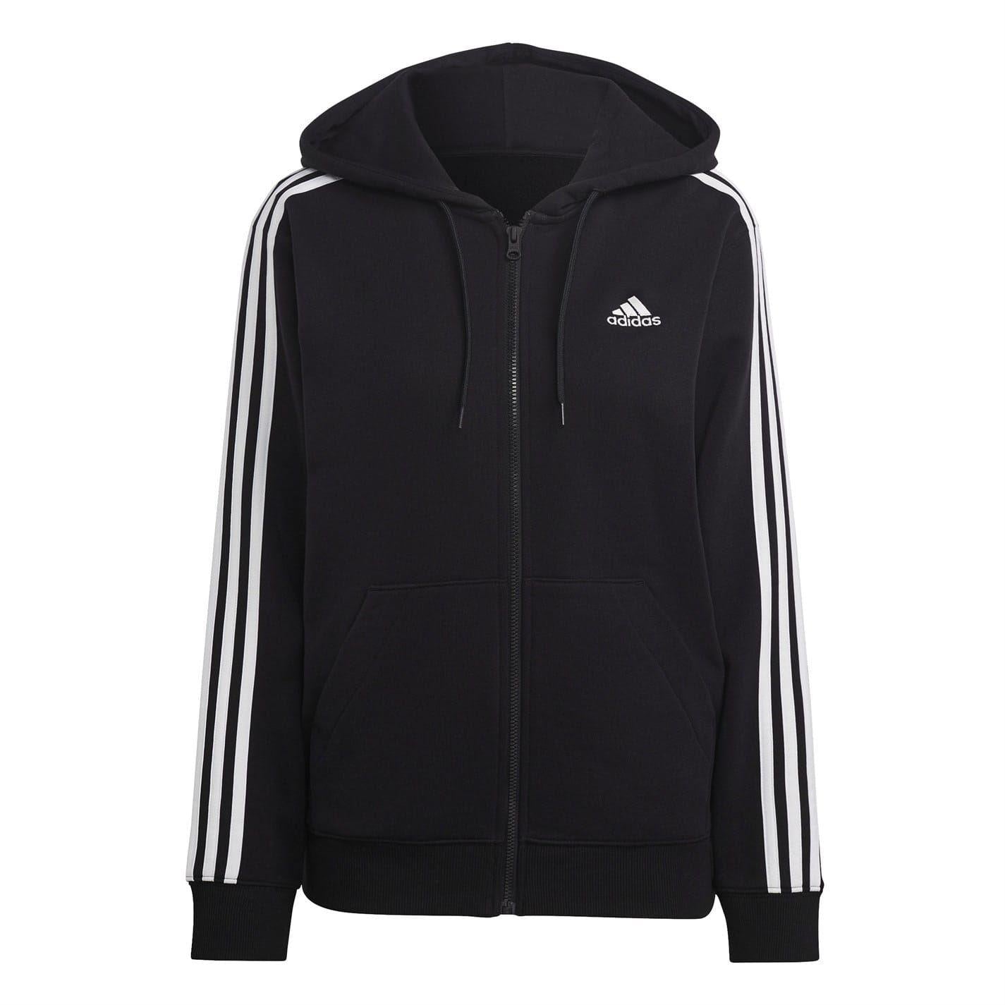 Black-White - Front - Adidas Womens-Ladies 3 Stripes Fleece Full Zip Hoodie