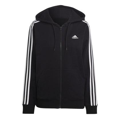 Black-White - Front - Adidas Womens-Ladies 3 Stripes Fleece Full Zip Hoodie