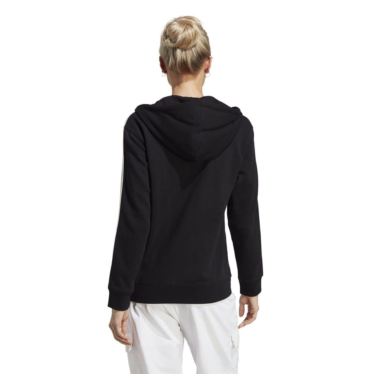 Black-White - Back - Adidas Womens-Ladies 3 Stripes Fleece Full Zip Hoodie