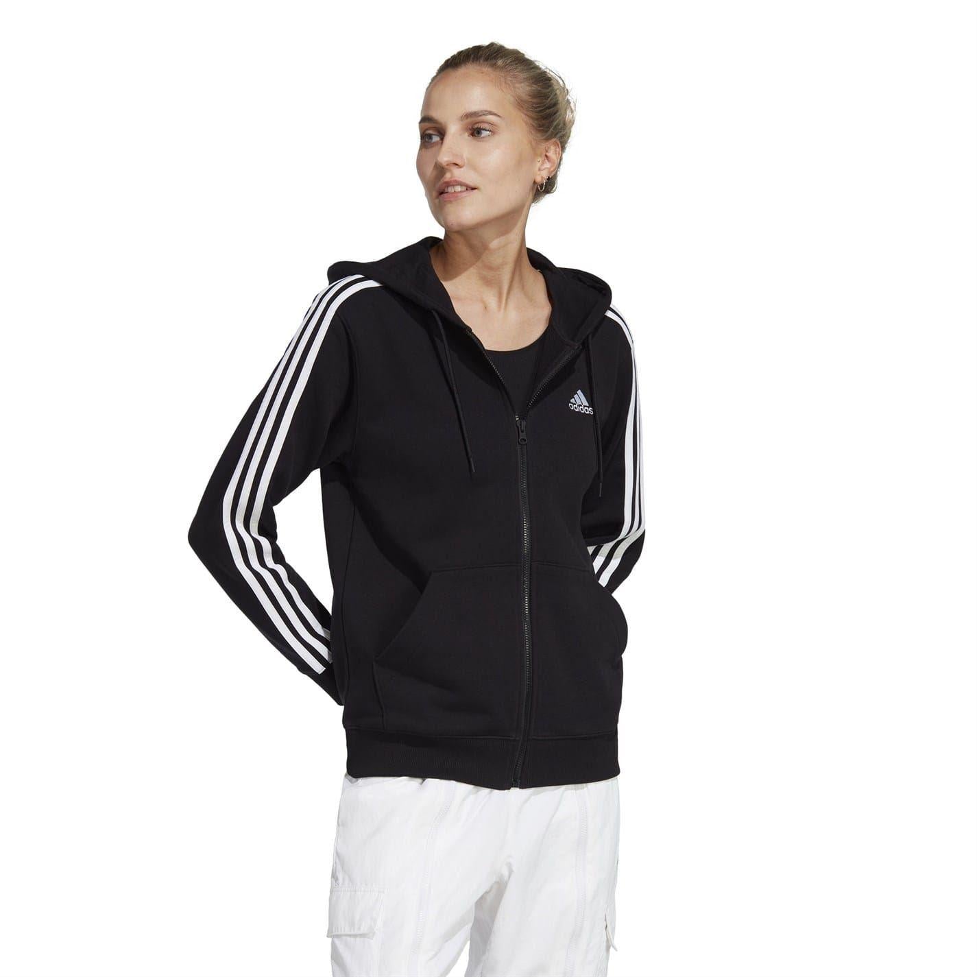 Black-White - Side - Adidas Womens-Ladies 3 Stripes Fleece Full Zip Hoodie