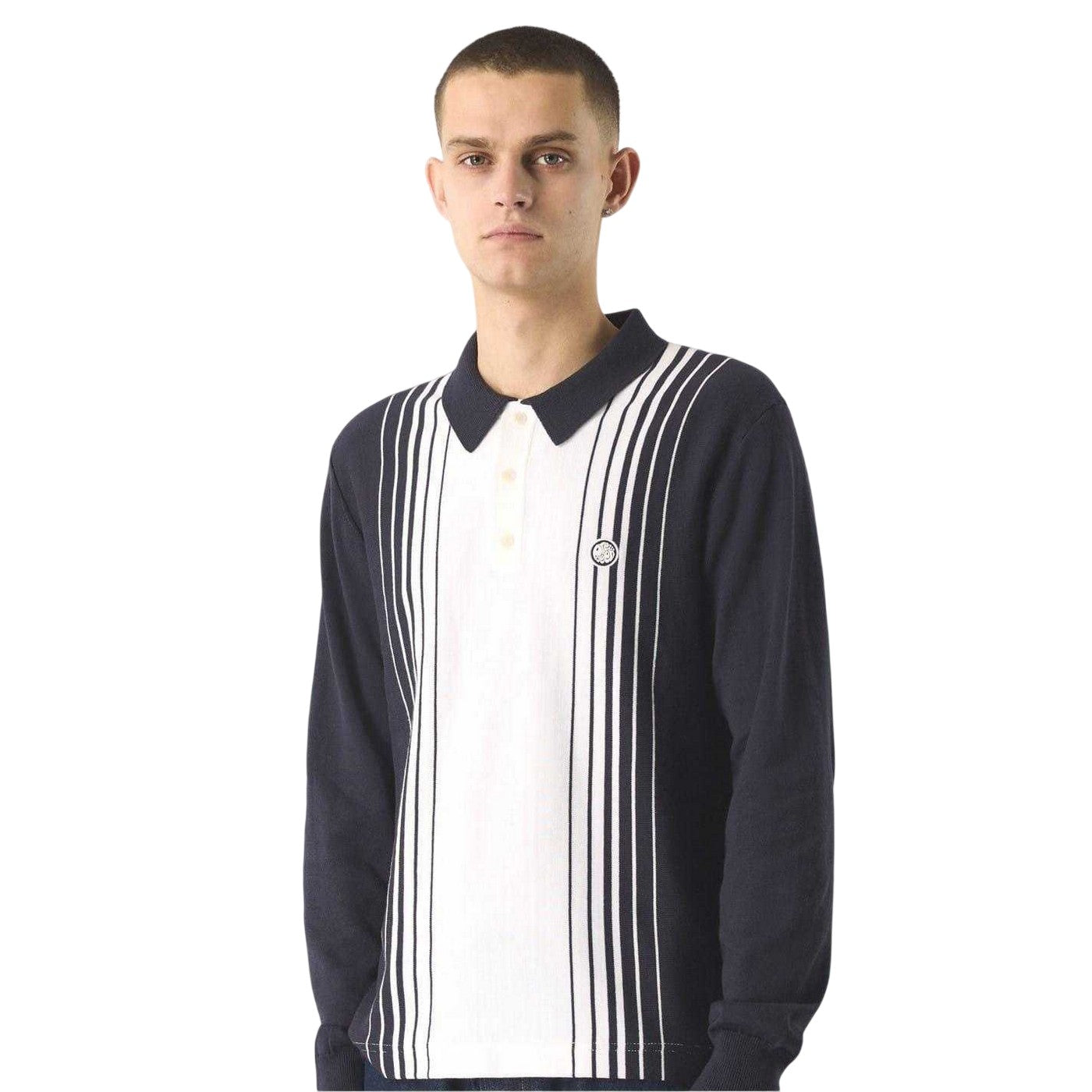 Navy - Side - Pretty Green Mens Vertical Stripe Regular Long-Sleeved Polo Shirt