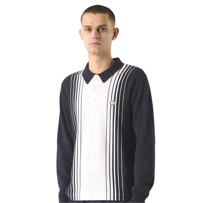 Navy - Side - Pretty Green Mens Vertical Stripe Regular Long-Sleeved Polo Shirt