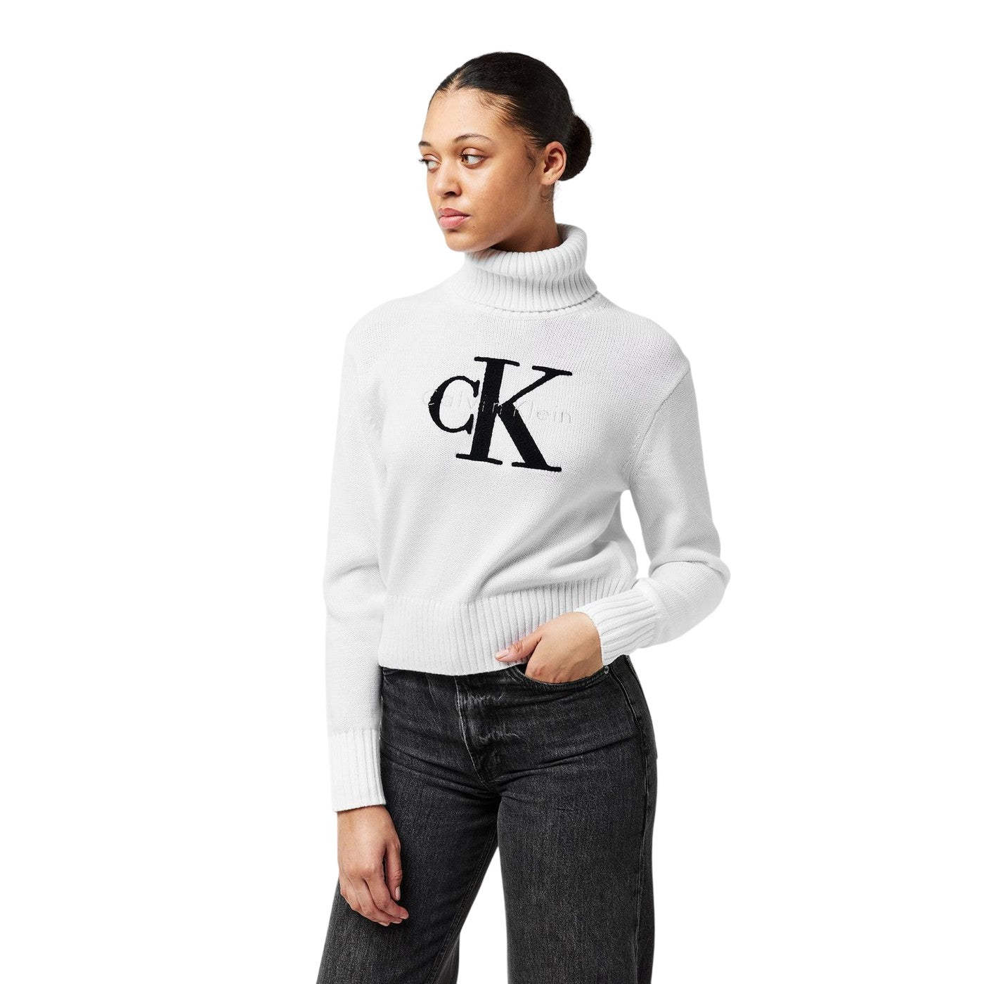 Brilliant White - Side - Calvin Klein Womens-Ladies Logo Organic Cotton Slim Turtleneck