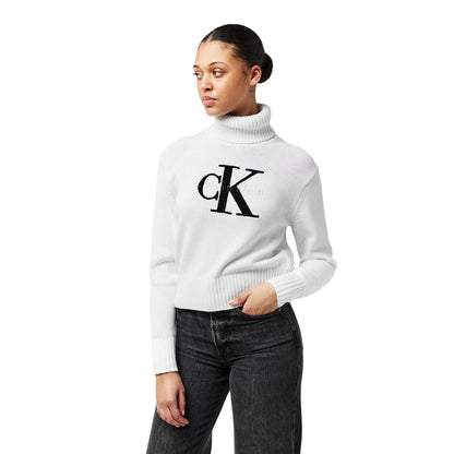 Brilliant White - Side - Calvin Klein Womens-Ladies Logo Organic Cotton Slim Turtleneck
