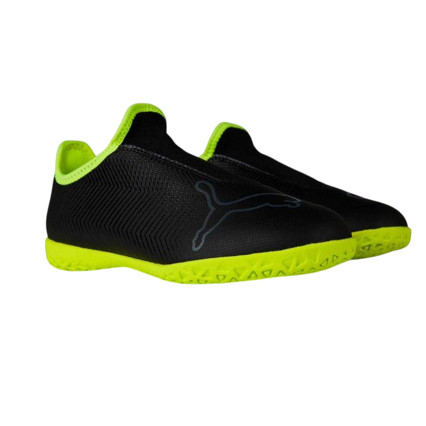 Black-Fluorescent Yellow - Pack Shot - Puma Childrens-Kids Finesse Indoor Football Shoes