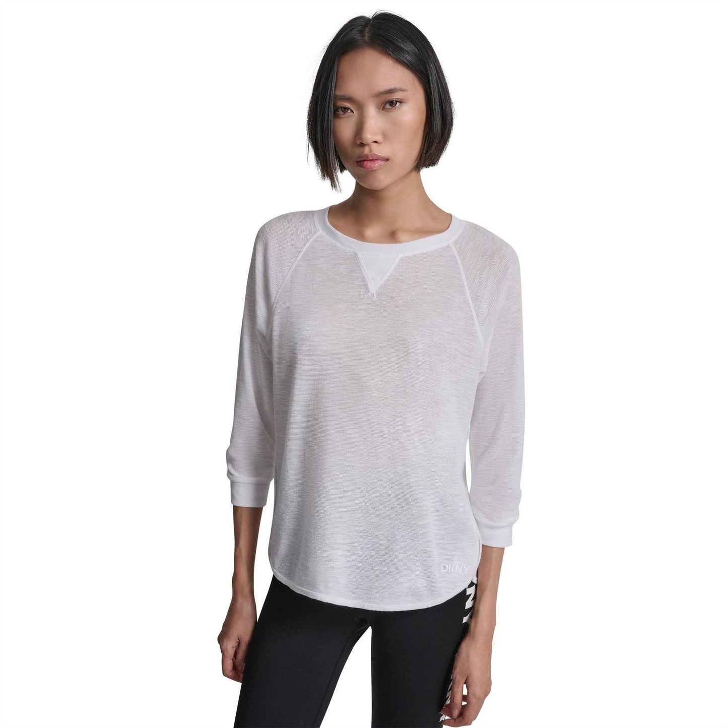 White - Front - DKNY Womens-Ladies Waffle Slim 3-4 Sleeve T-Shirt
