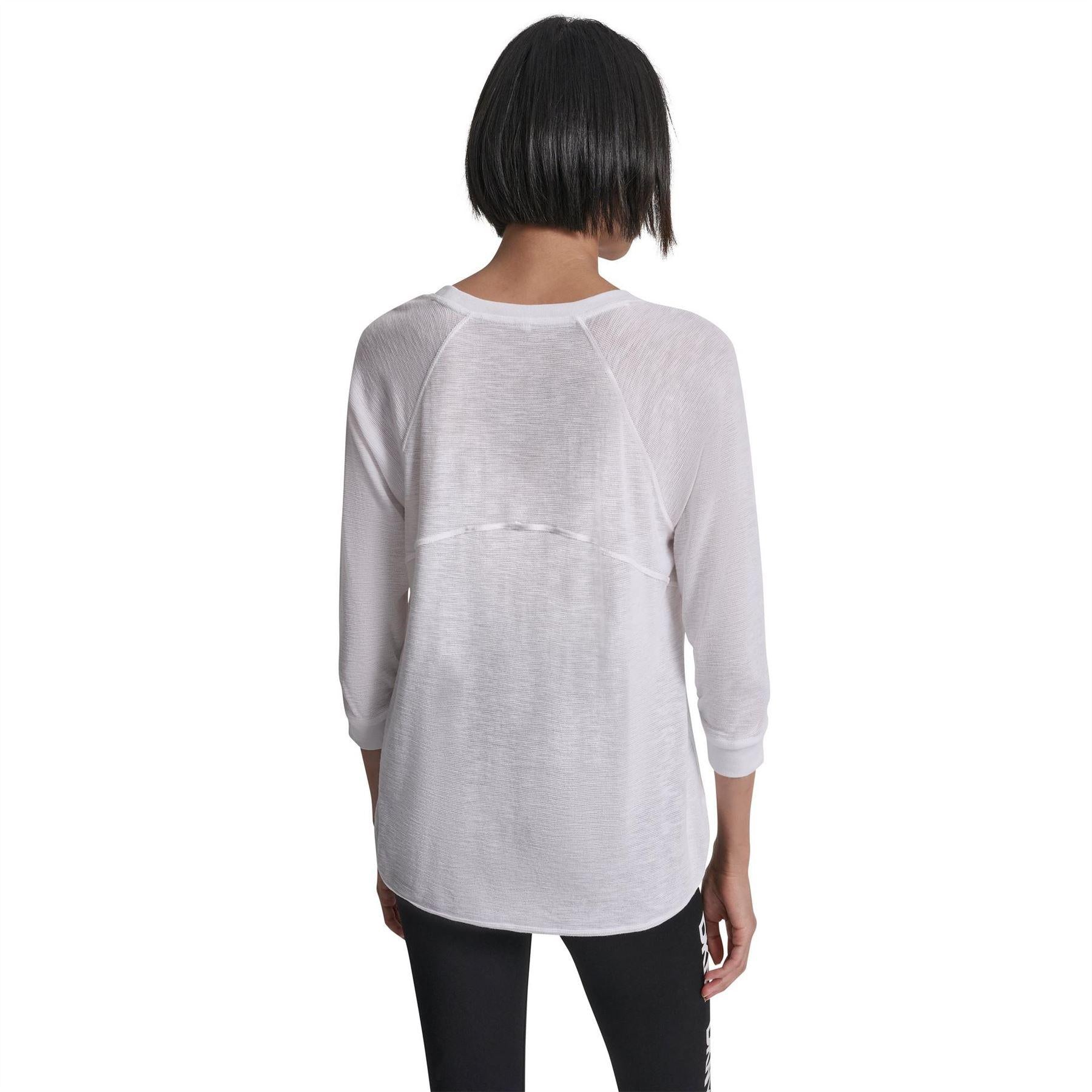 White - Side - DKNY Womens-Ladies Waffle Slim 3-4 Sleeve T-Shirt