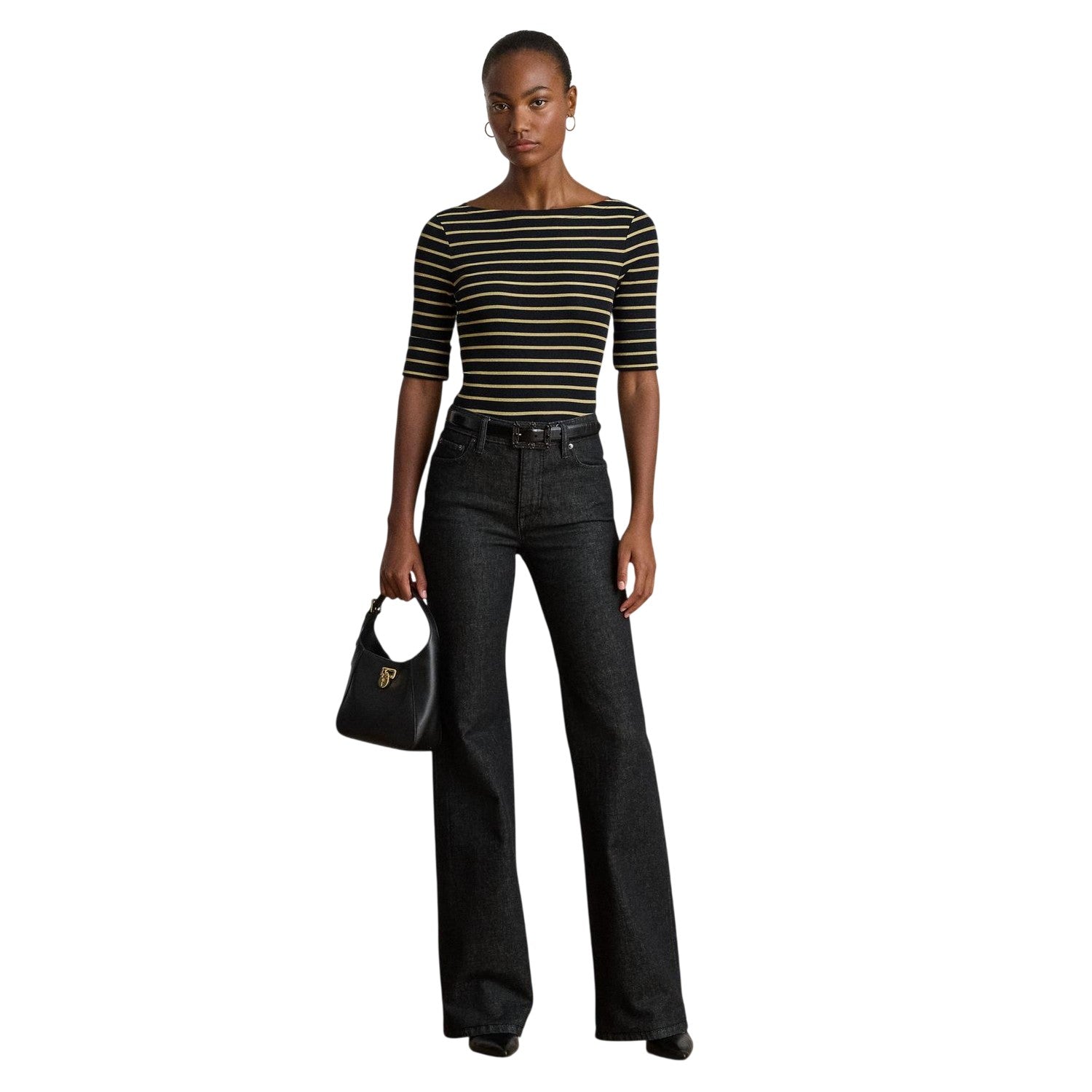 Black-Gold - Side - Ralph Lauren Womens-Ladies Judy Striped Tailored T-Shirt