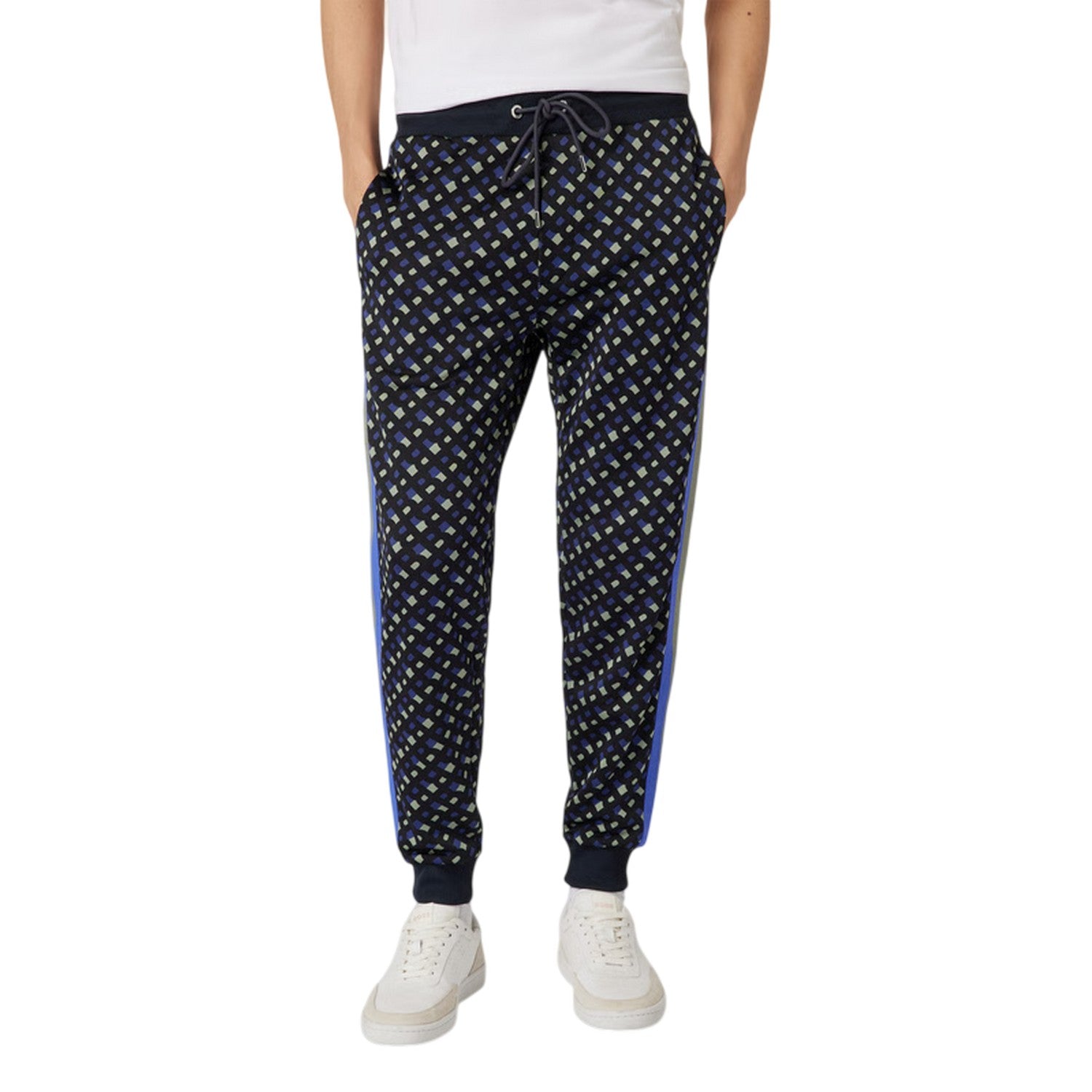 Dark Blue - Side - Boss Mens Lamont Geometric Pattern Slim Joggers