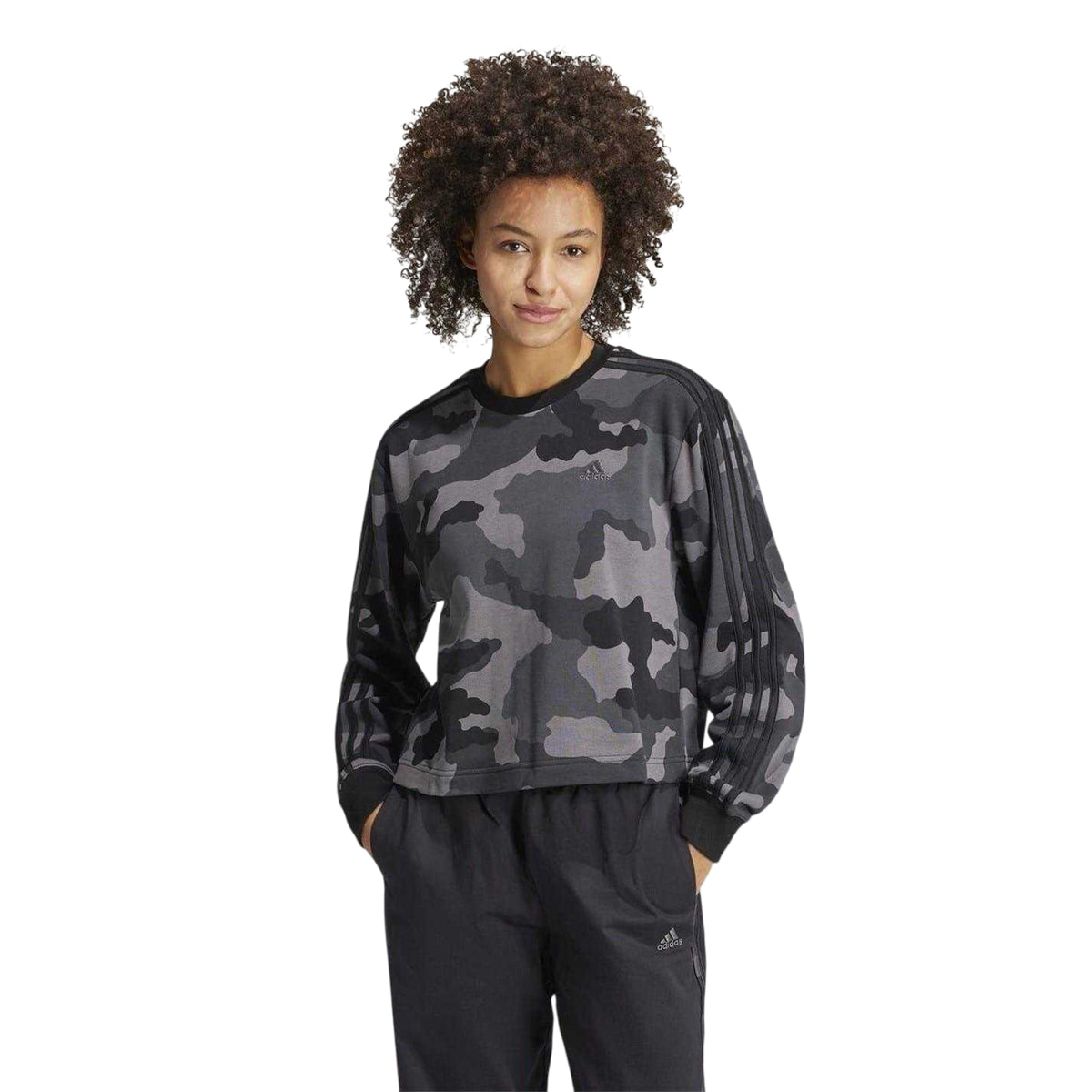 Black - Side - Adidas Womens-Ladies Essentials Camo Stripes Loose Fit Crop Sweatshirt