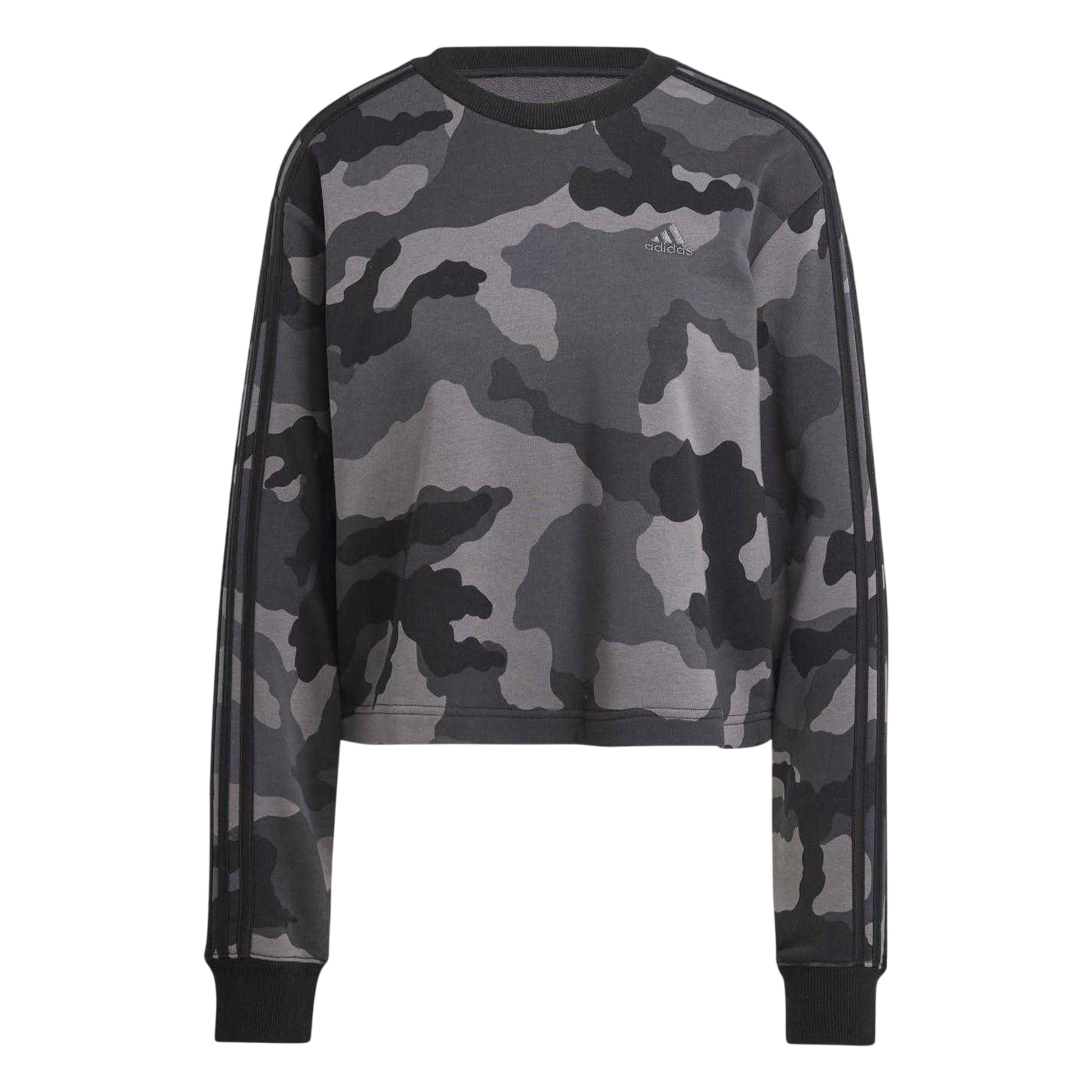 Black - Front - Adidas Womens-Ladies Essentials Camo Stripes Loose Fit Crop Sweatshirt