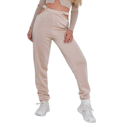 Beige - Front - Missy Empire Womens-Ladies Rib Knit Cut Out Joggers