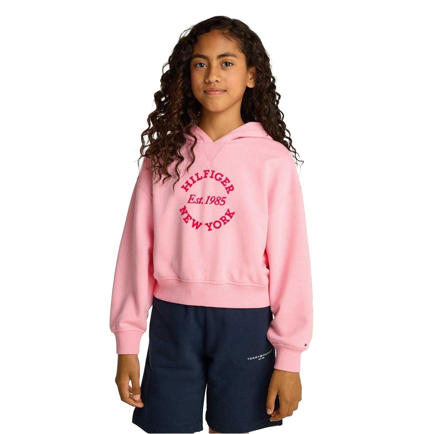 Pink - Side - Tommy Hilfiger Girls New York Hooded Relaxed Fit Crop Sweatshirt