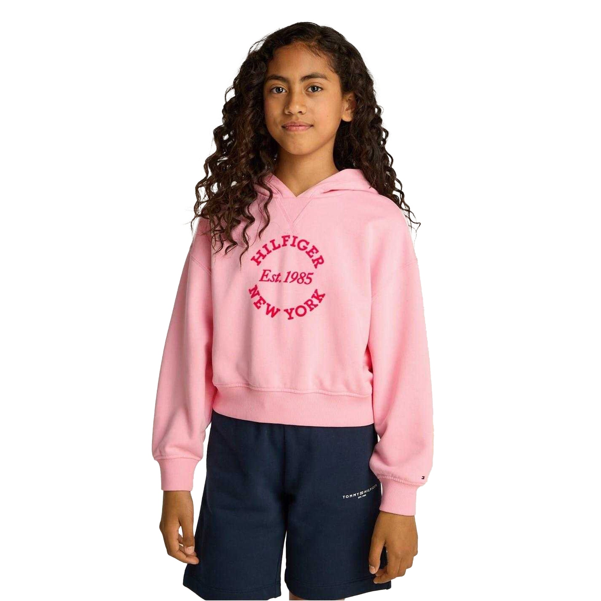 Pink - Side - Tommy Hilfiger Girls New York Hooded Relaxed Fit Crop Sweatshirt