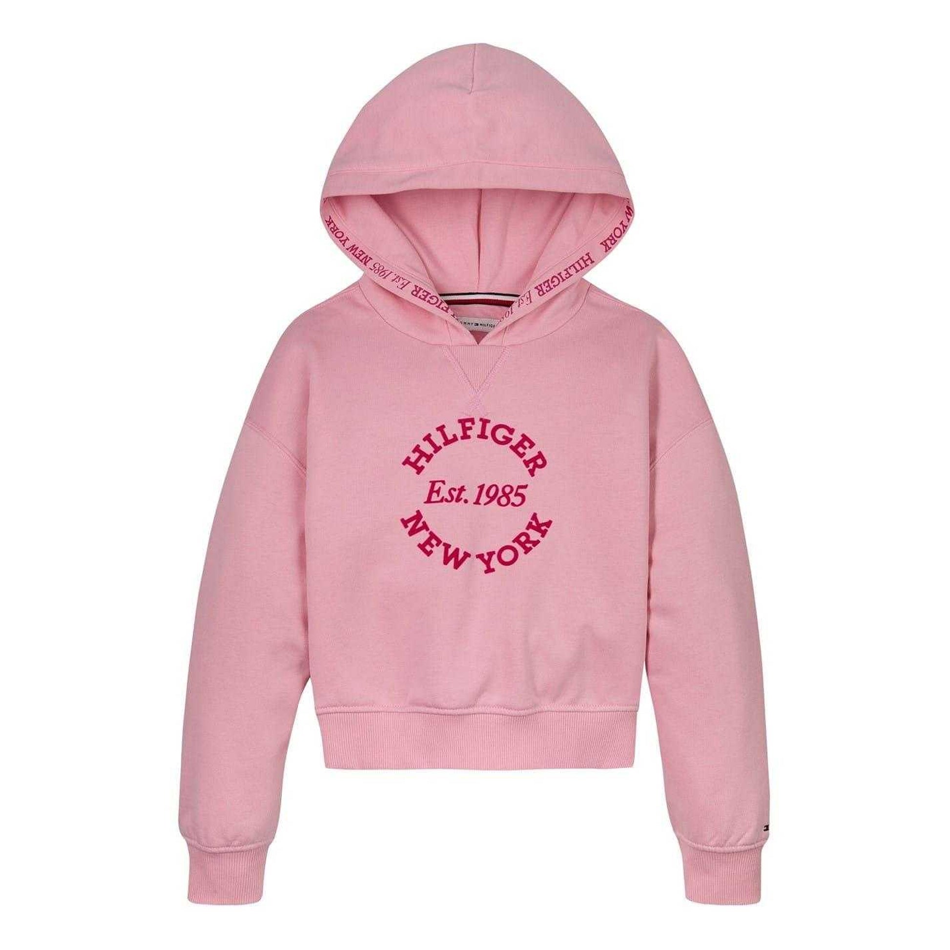 Pink - Front - Tommy Hilfiger Girls New York Hooded Relaxed Fit Crop Sweatshirt