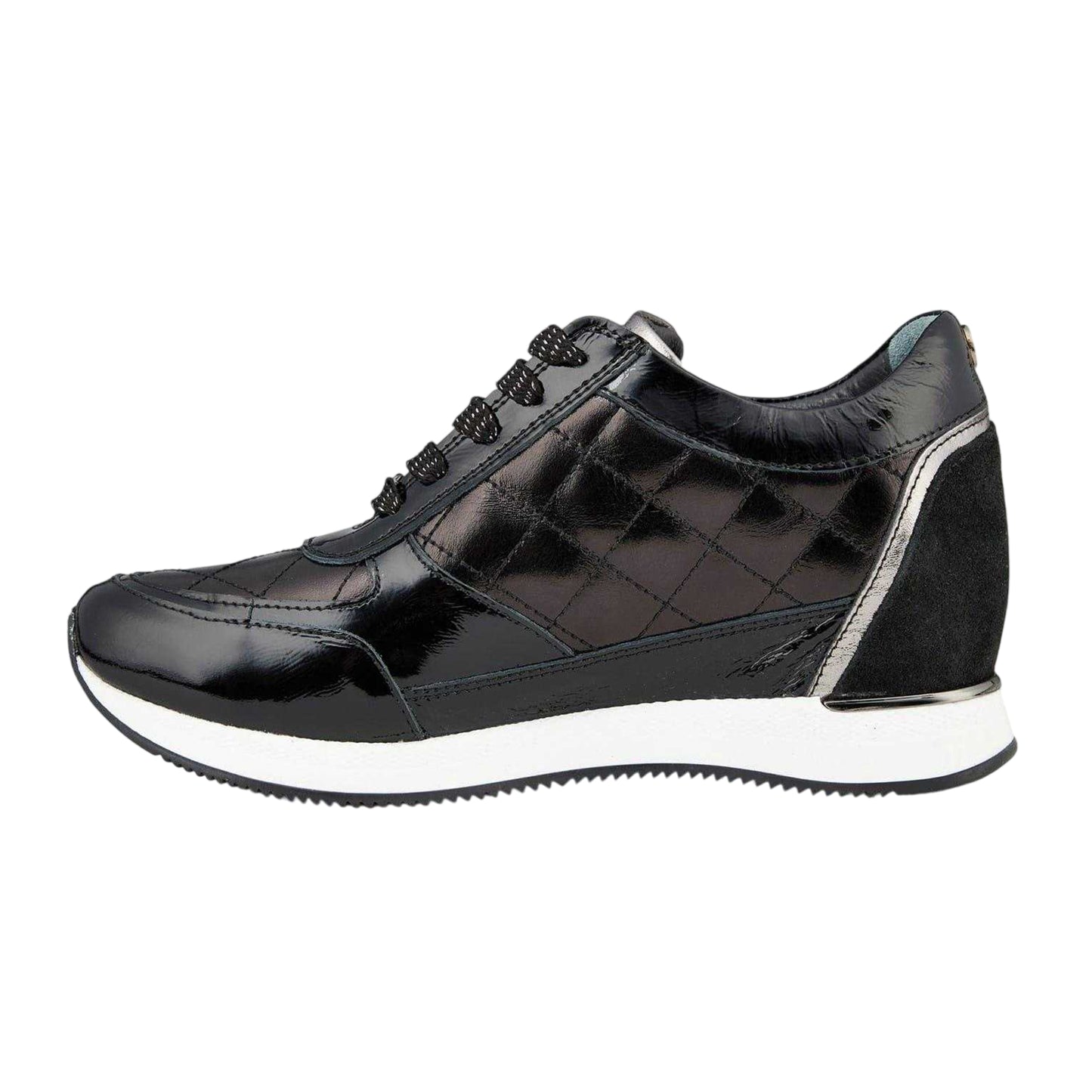 Black - Side - Mod Womens-Ladies Quilted Leather Hidden Wedge Trainers