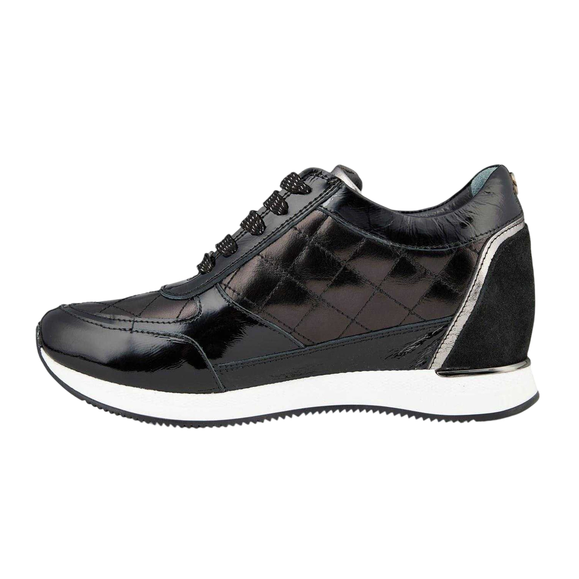 Black - Side - Mod Womens-Ladies Quilted Leather Hidden Wedge Trainers