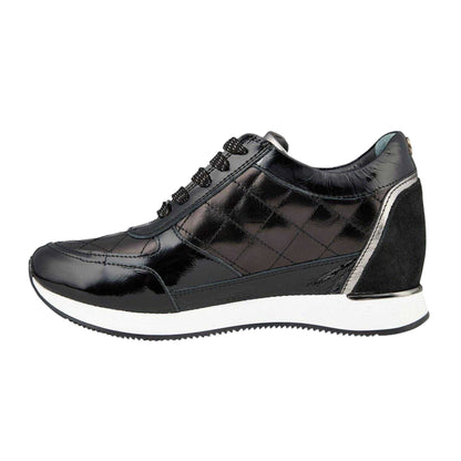 Black - Side - Mod Womens-Ladies Quilted Leather Hidden Wedge Trainers