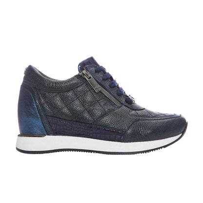 Navy - Front - Mod Womens-Ladies Quilted Leather Hidden Wedge Trainers