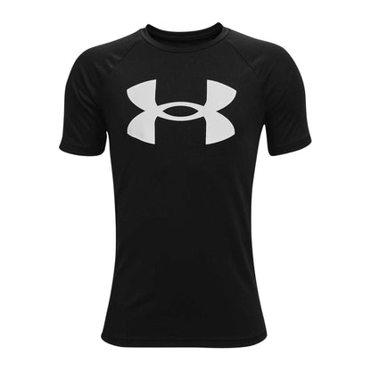 Black-White - Front - Under Armour Boys Tech Big Logo Loose T-Shirt