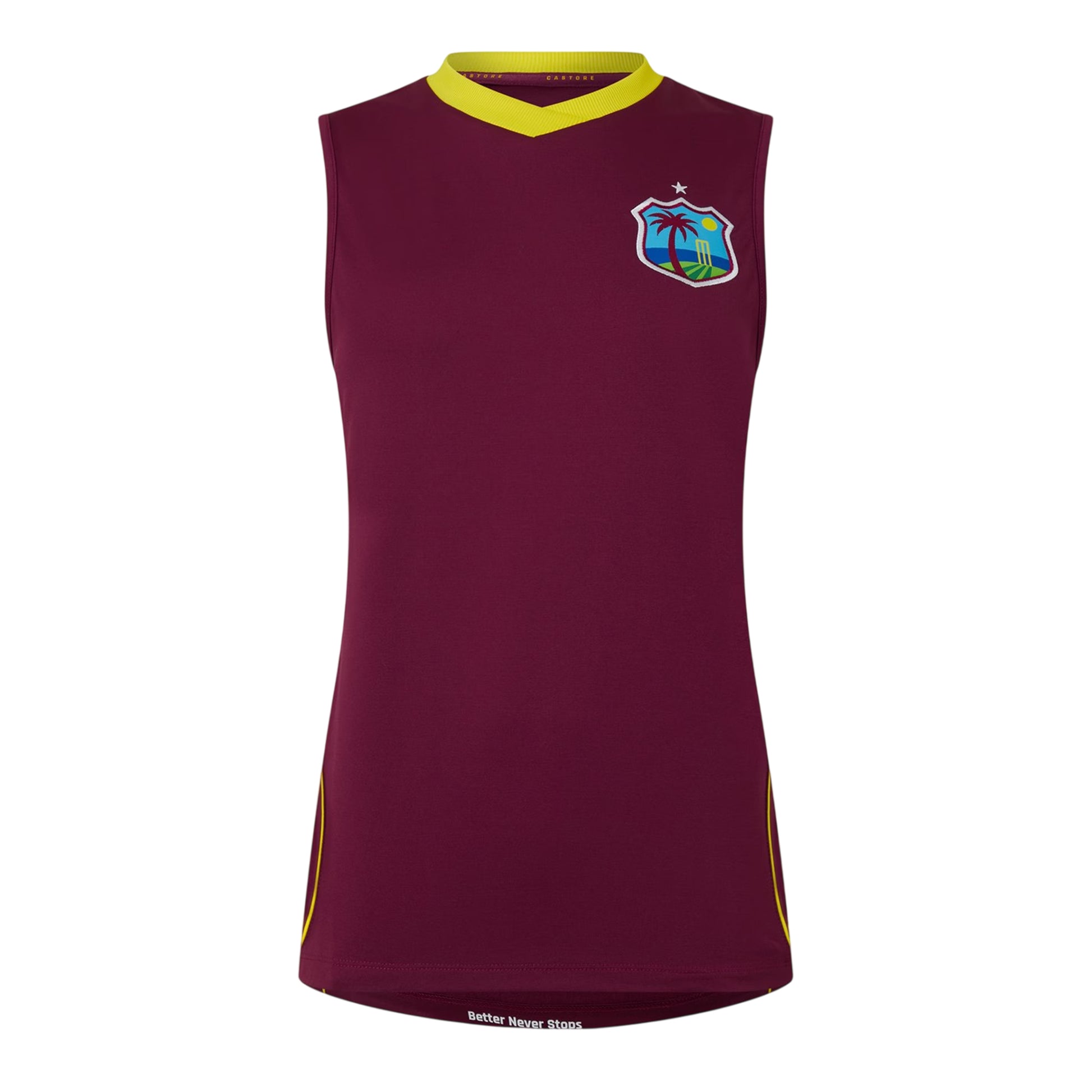 Maroon - Front - Castore Womens-Ladies West Indies T20 Sleeveless Cricket Vest Top