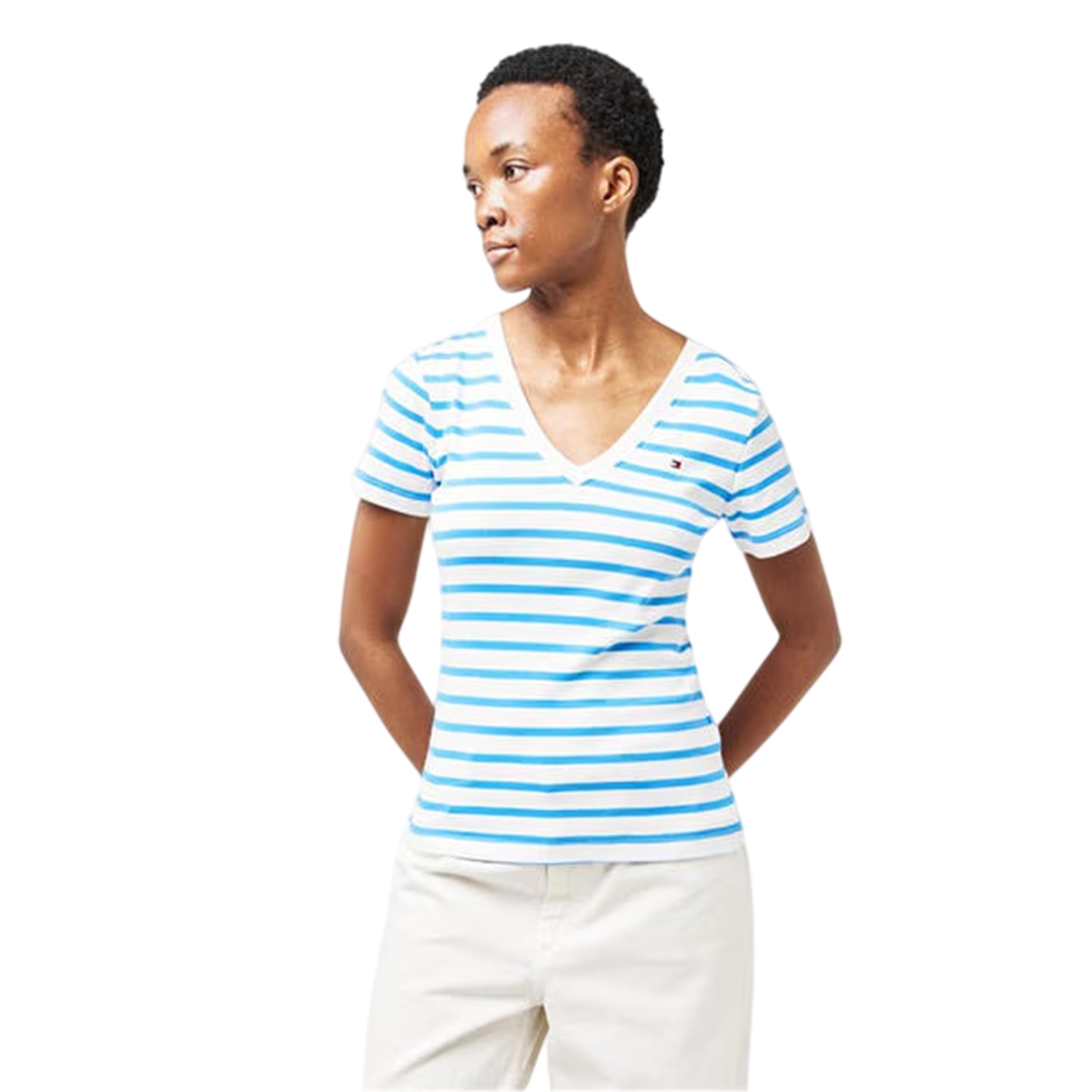 Ecru-Blue - Side - Tommy Hilfiger Womens-Ladies Striped Cotton T-Shirt